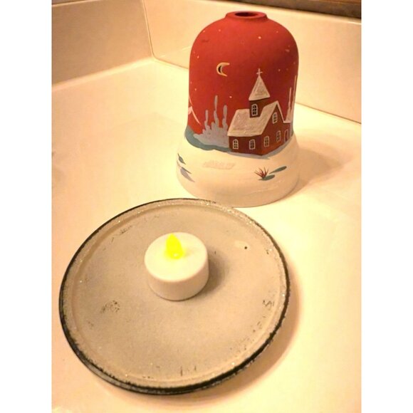 Christmas Fairy Light Tea Light Handpainted Glass Village Holder Bell Shaped 6” - Picture 7 of 11